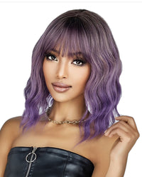 Short Wavy Synthetic Wig with Ombre Purple Bangs - ABHAIR