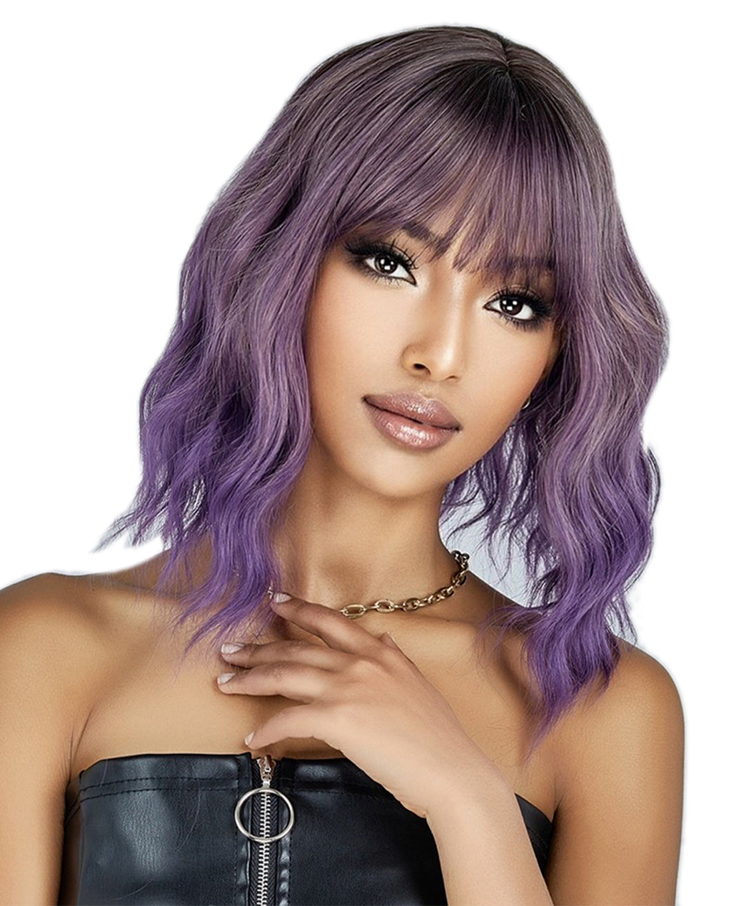 Short Wavy Synthetic Wig with Ombre Purple Bangs - ABHAIR