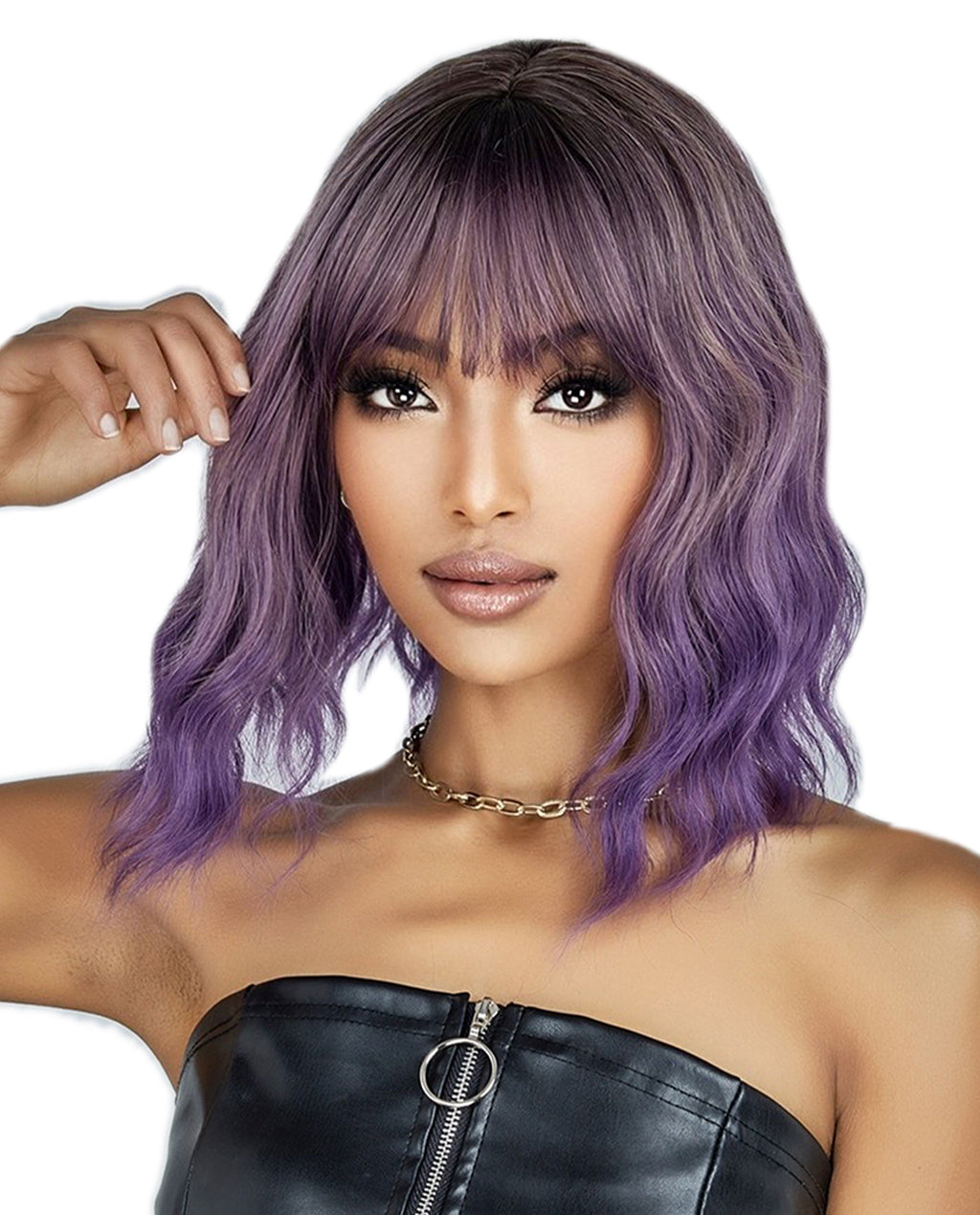 Short Wavy Synthetic Wig with Ombre Purple Bangs - ABHAIR