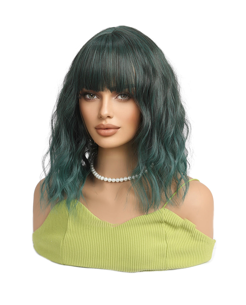 Short Wavy Synthetic Wig with Ombre Green Bangs - ABHAIR