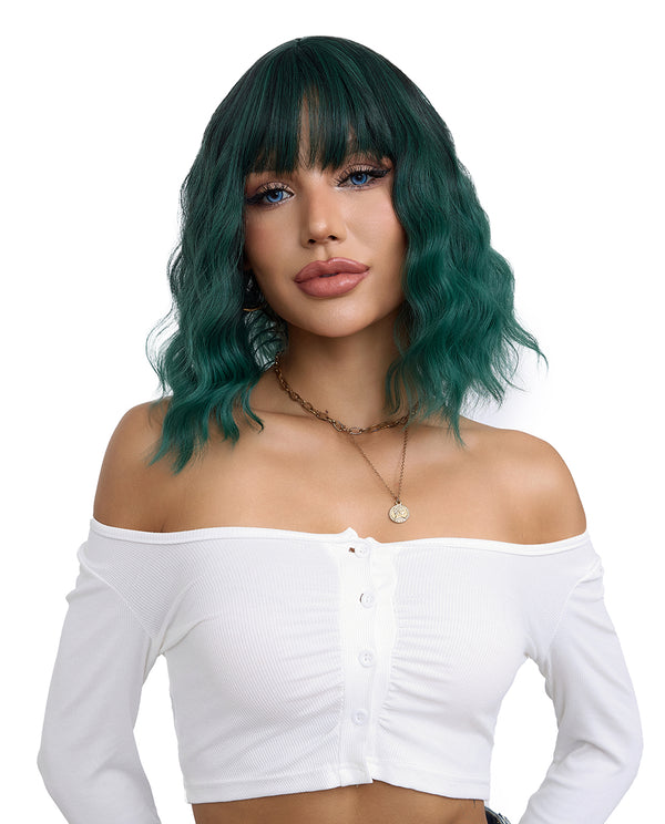 Short Wavy Synthetic Wig with Ombre Green Bangs - ABHAIR