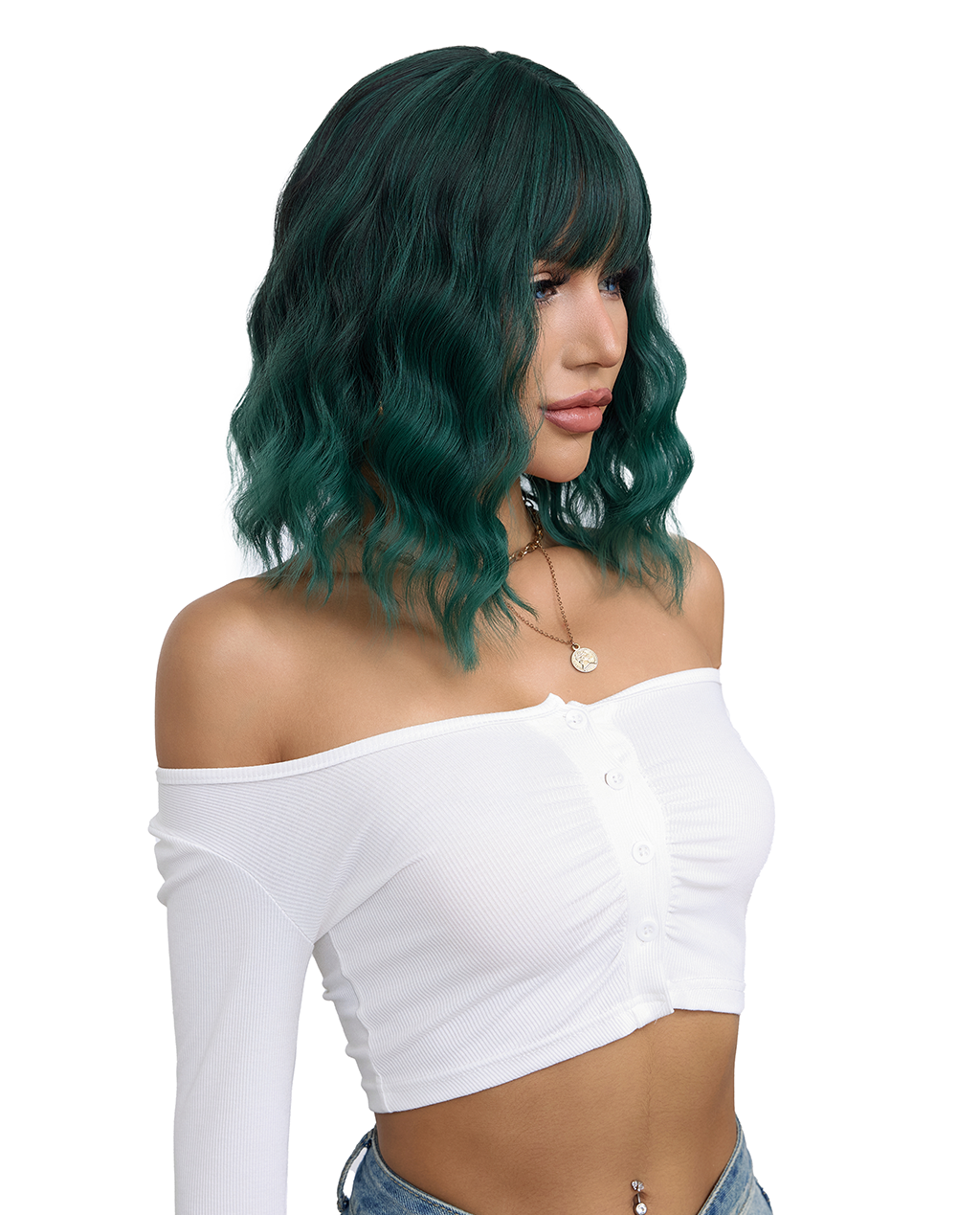 Short Wavy Synthetic Wig with Ombre Green Bangs - ABHAIR
