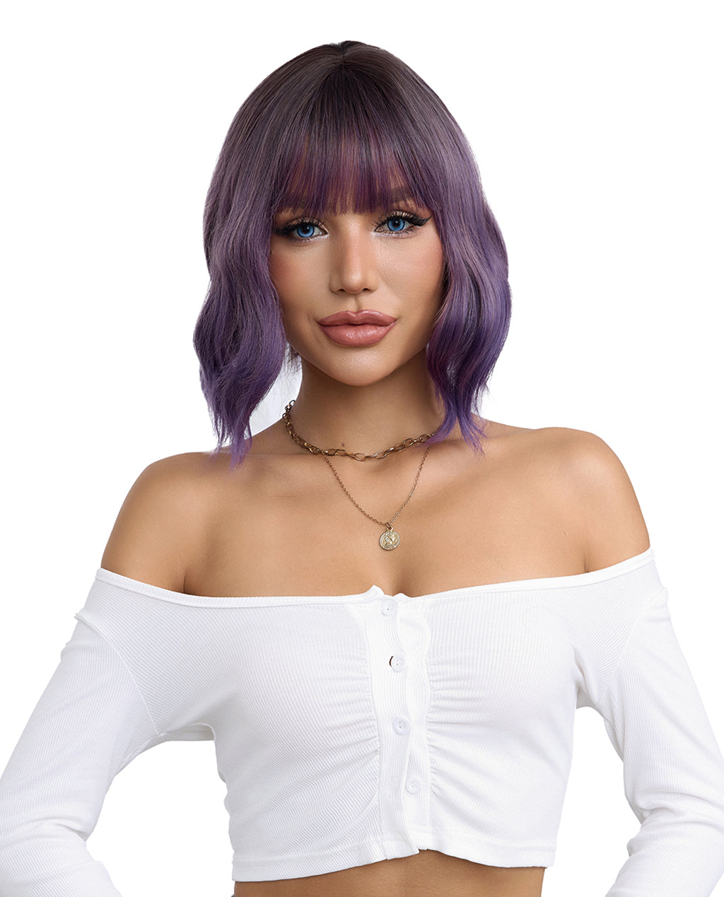 Short Wavy Synthetic Wig with Ombre Purple Bangs - ABHAIR