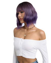 Short Wavy Synthetic Wig with Ombre Purple Bangs - ABHAIR