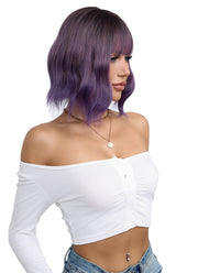 Short Wavy Synthetic Wig with Ombre Purple Bangs - ABHAIR