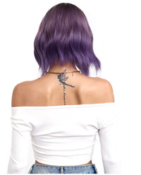 Short Wavy Synthetic Wig with Ombre Purple Bangs - ABHAIR