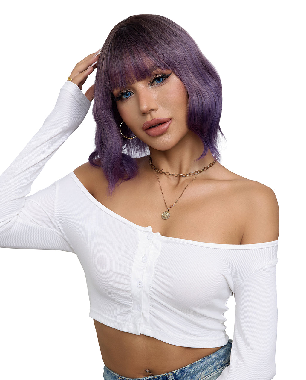 Short Wavy Synthetic Wig with Ombre Purple Bangs - ABHAIR
