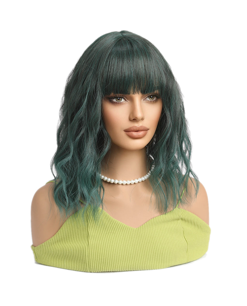Short Wavy Synthetic Wig with Ombre Green Bangs - ABHAIR