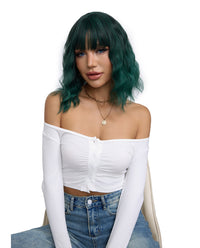 Short Wavy Synthetic Wig with Ombre Green Bangs - ABHAIR