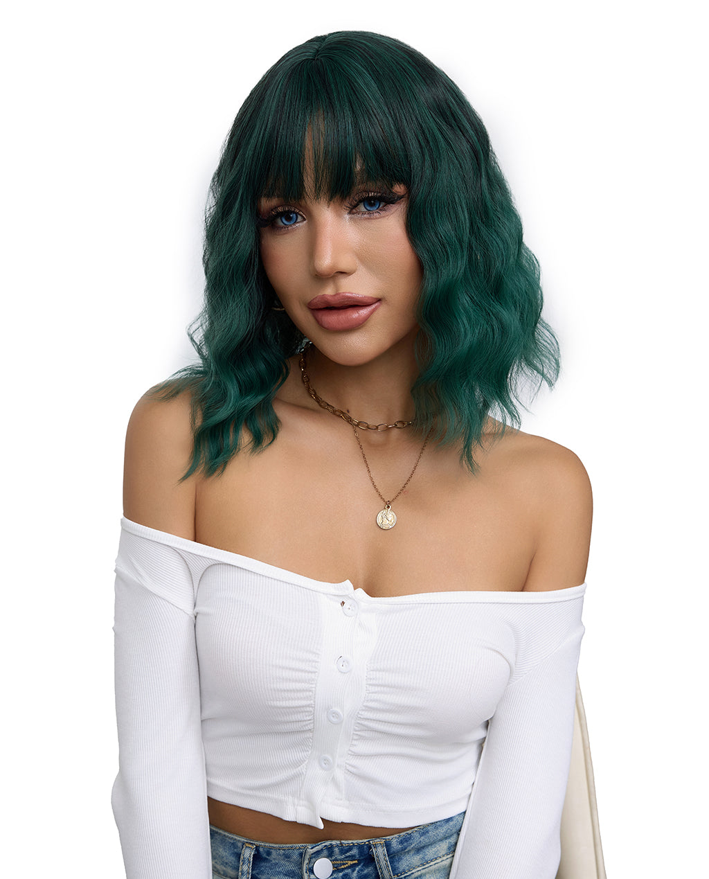 Short Wavy Synthetic Wig with Ombre Green Bangs - ABHAIR