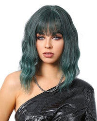 Short Wavy Synthetic Wig with Ombre Green Bangs - ABHAIR