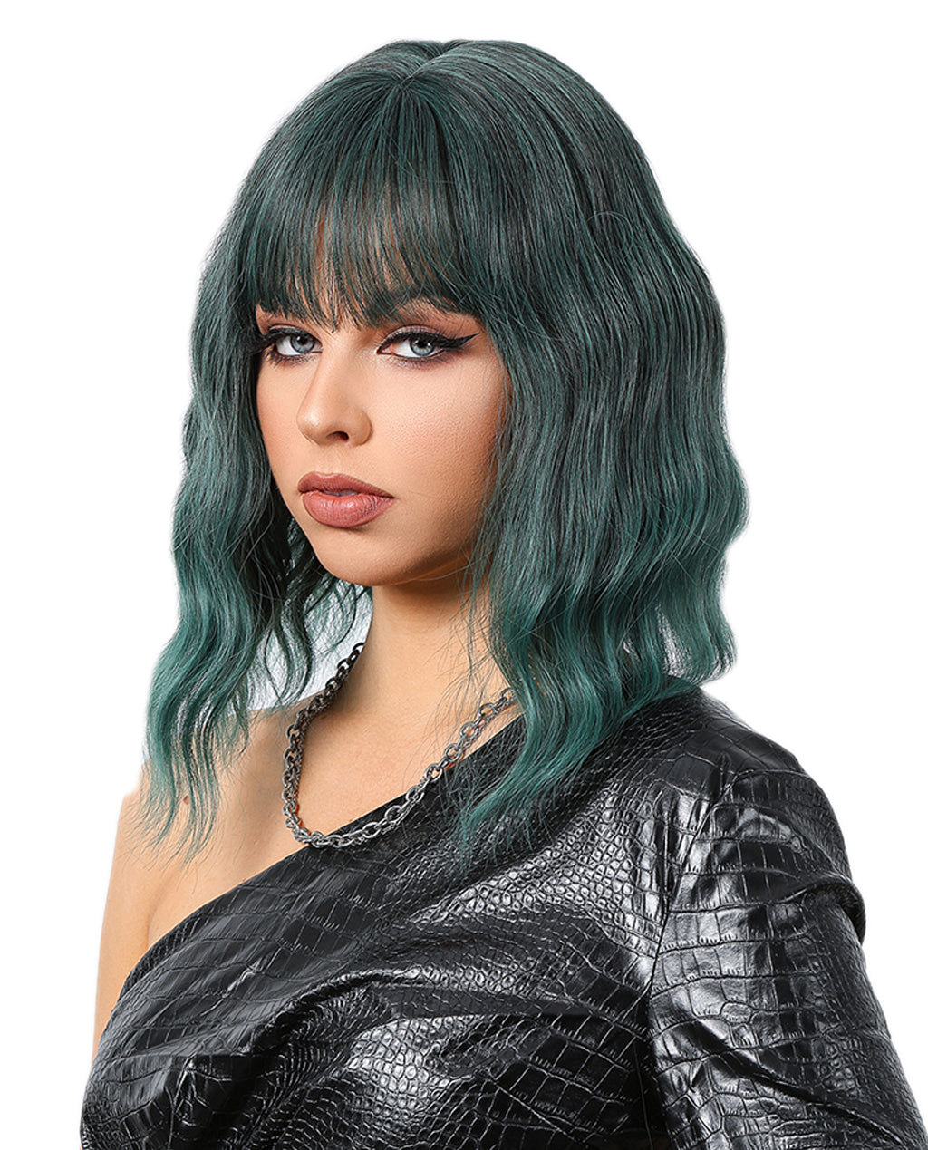 Short Wavy Synthetic Wig with Ombre Green Bangs - ABHAIR