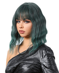Short Wavy Synthetic Wig with Ombre Green Bangs - ABHAIR