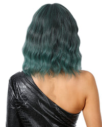 Short Wavy Synthetic Wig with Ombre Green Bangs - ABHAIR