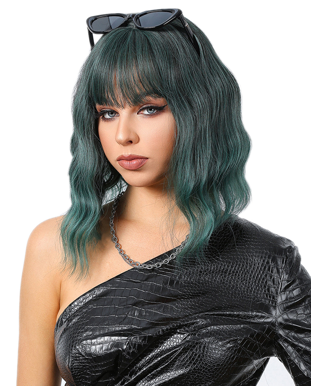 Short Wavy Synthetic Wig with Ombre Green Bangs - ABHAIR