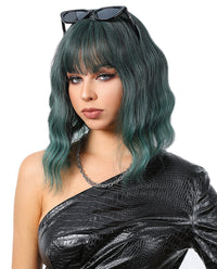 Short Wavy Synthetic Wig with Ombre Green Bangs - ABHAIR