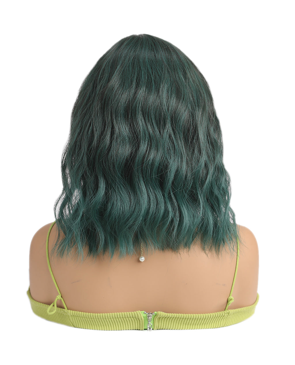 Short Wavy Synthetic Wig with Ombre Green Bangs - ABHAIR