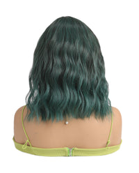 Short Wavy Synthetic Wig with Ombre Green Bangs - ABHAIR