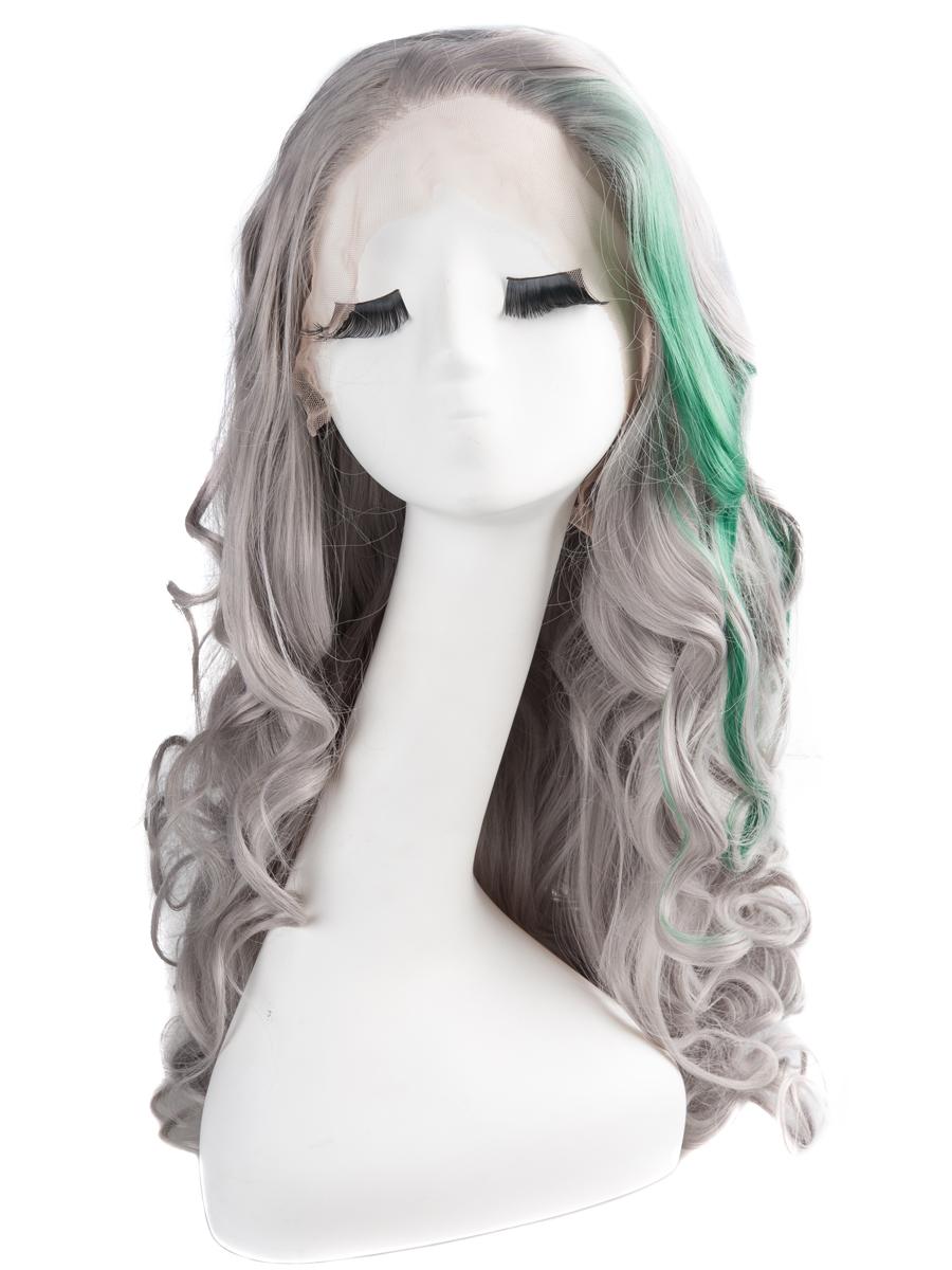 Pastel Grey with Green Highlight 26" Wavy Wig