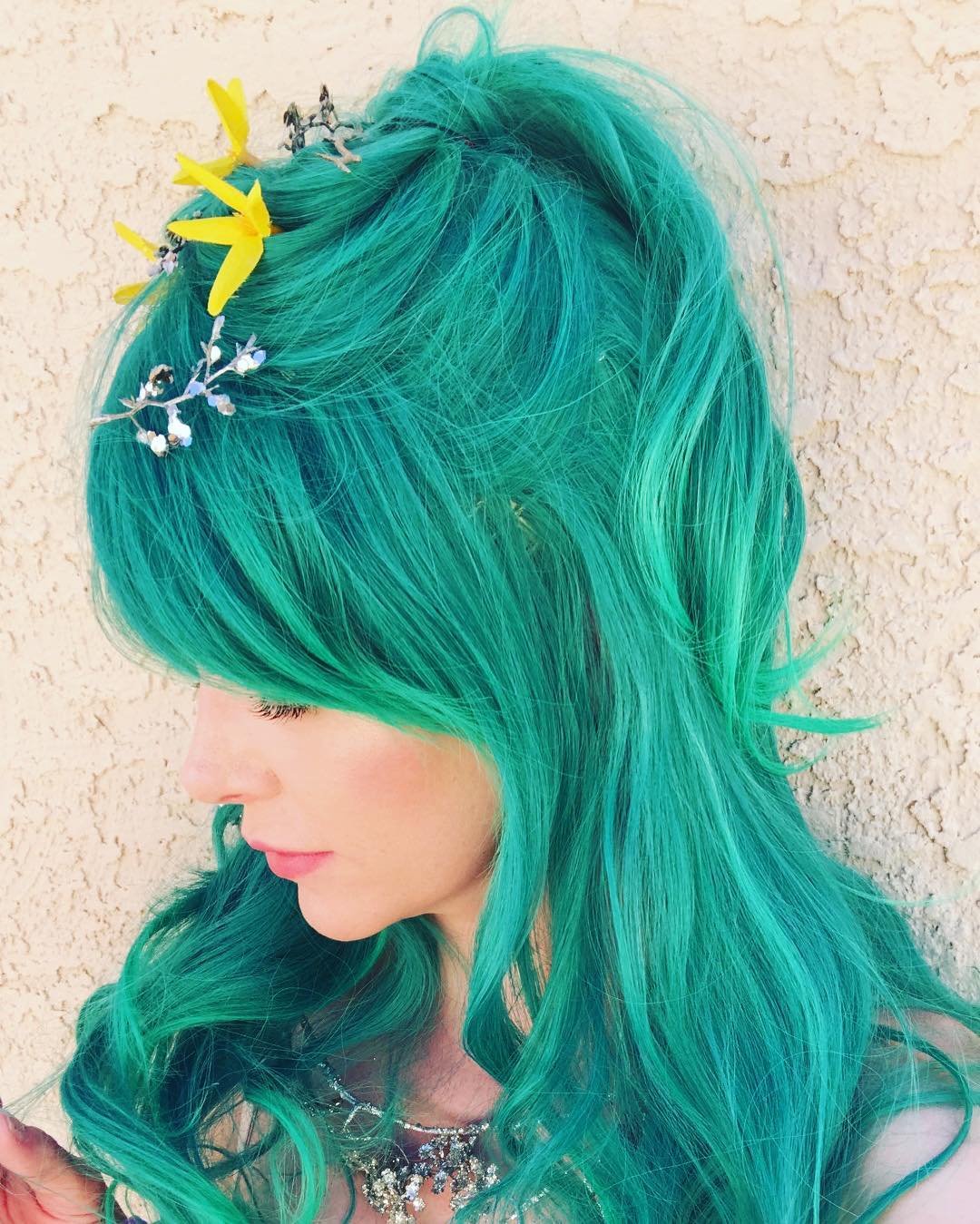 Gradient Green Swept Bang Synthetic Wavy Costume Wig - ABHAIR