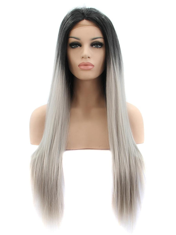 Long Straight Synthetic Lace Front Wig - Black/Grey