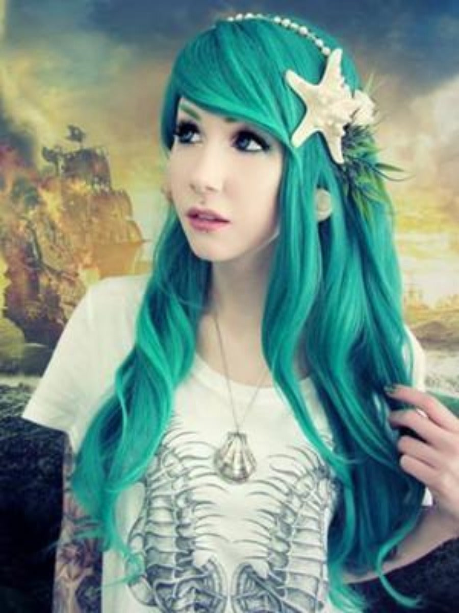 Gradient Green Swept Bang Wavy Costume Wig